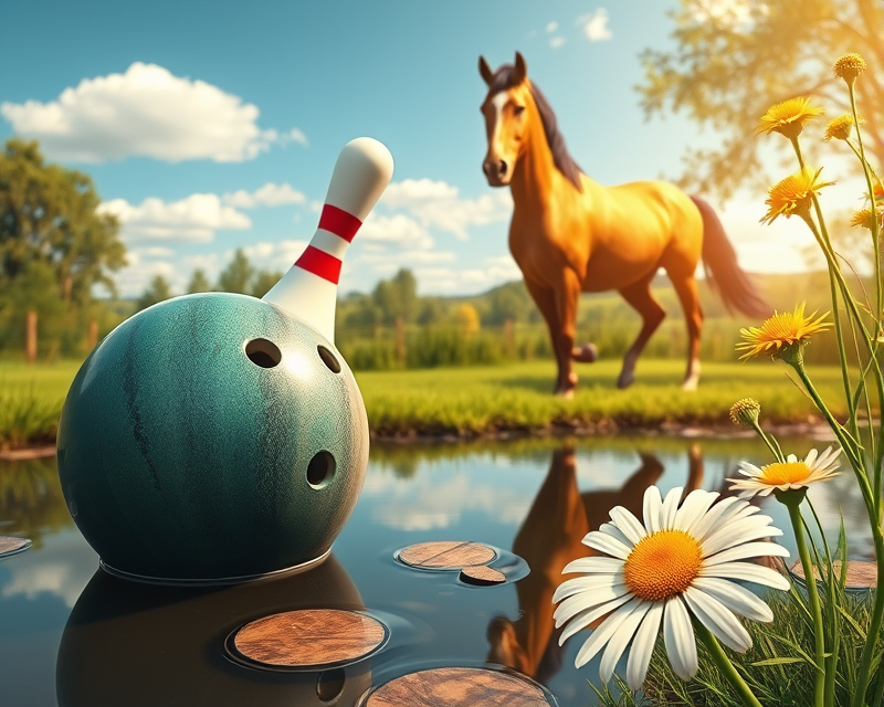 bowling ball, pond, crayon, horse, daisy